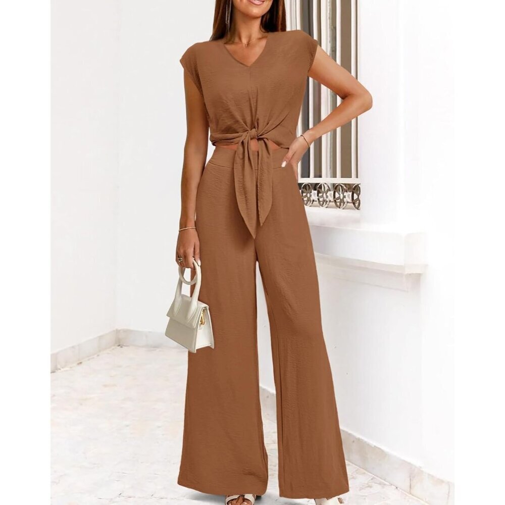Women's 2 Piece Summer Outfits Polyester V Neck Crop Top Wide Leg Pants - Picture 7 of 7